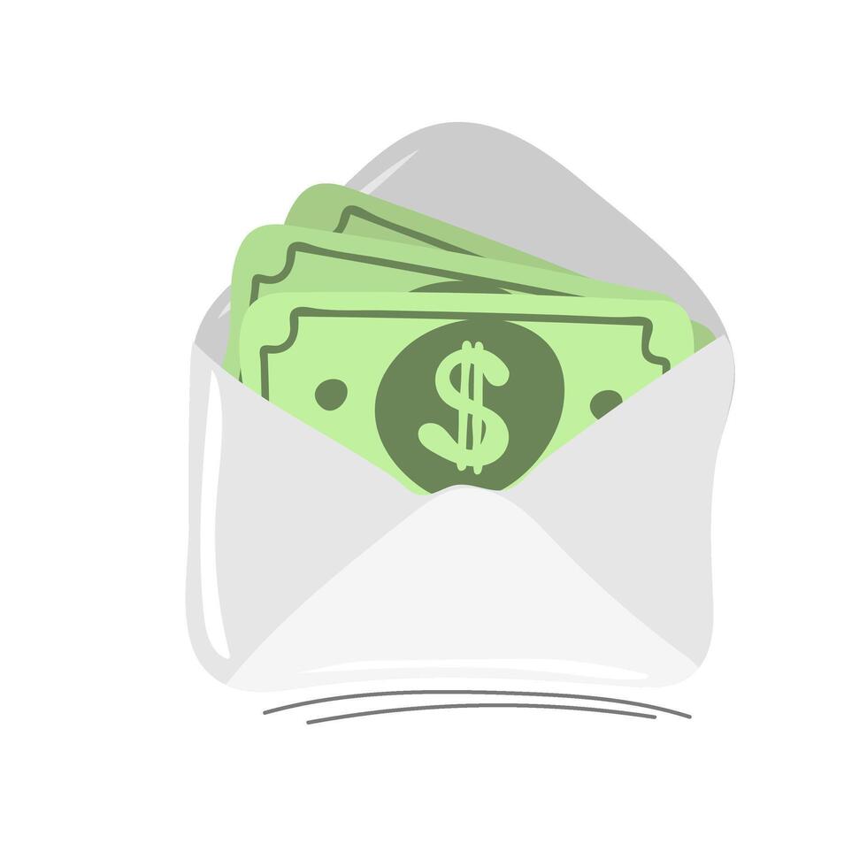 Opened envelope with cash money. Dollar bills in paper envelope. Banknotes sending by mail vector