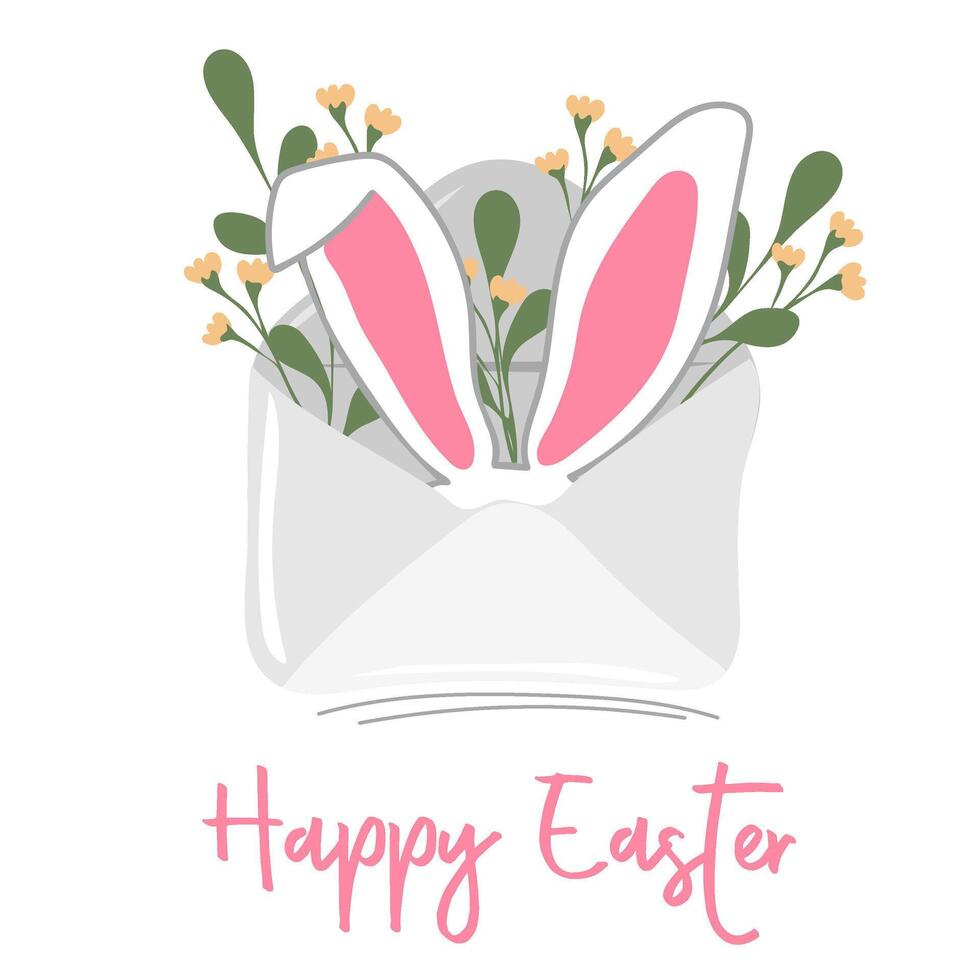 Mail envelope with rabbit ears and flowers. Happy easter card vector