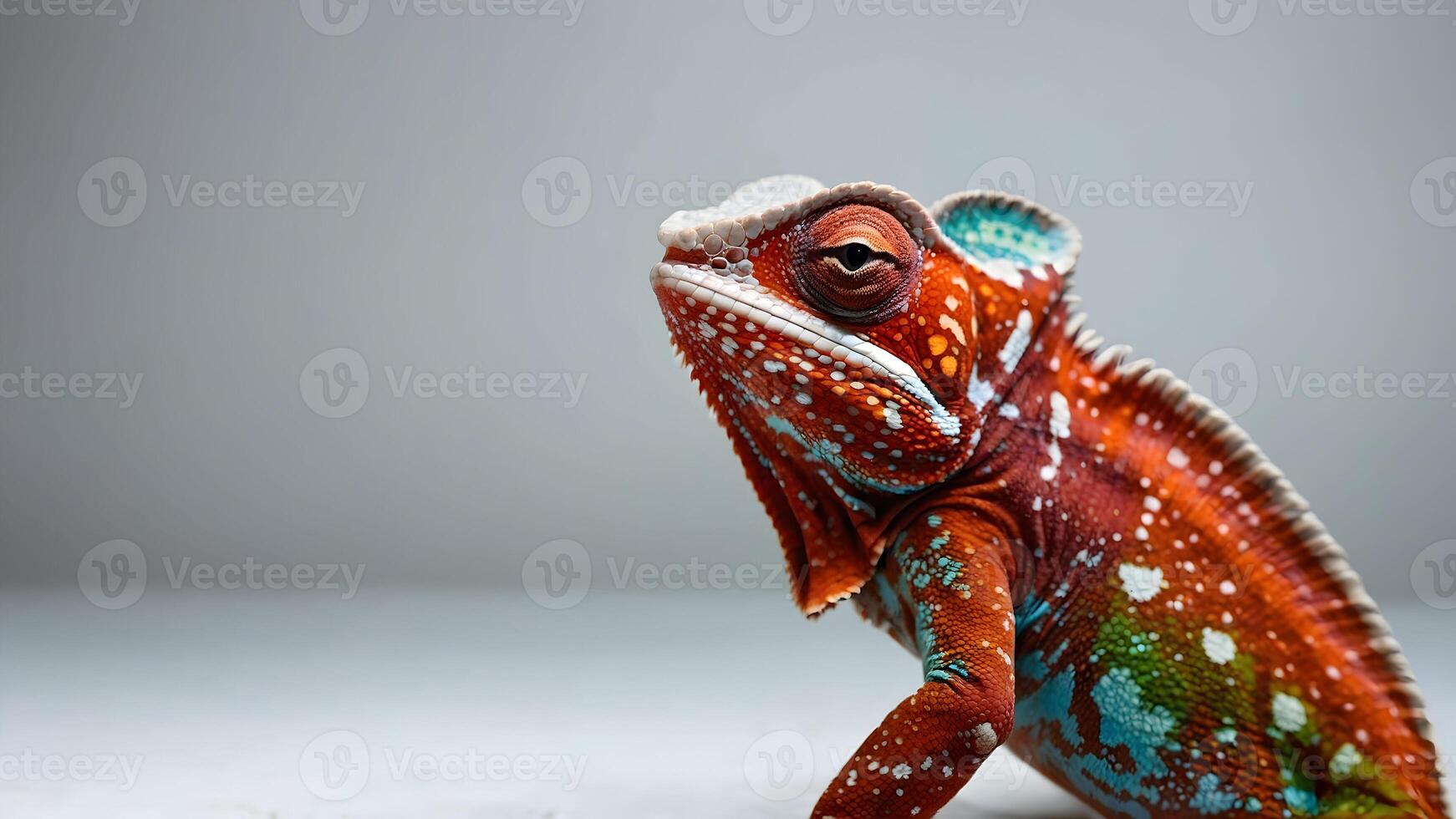 a chameleon is standing on a white surface photo