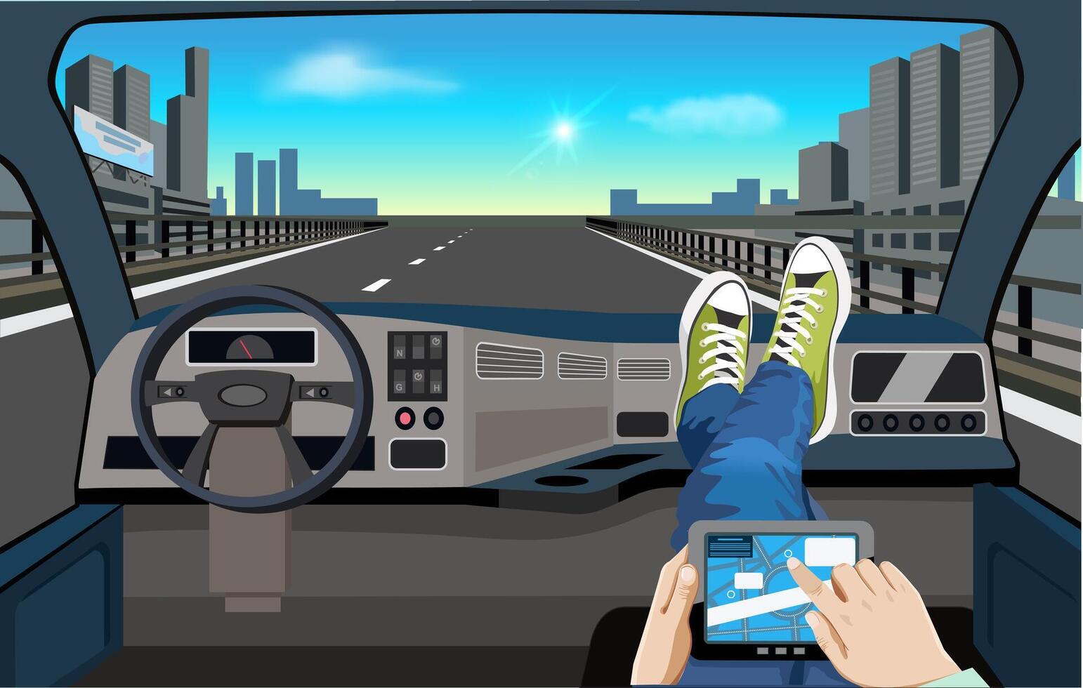 Self-driving truck. Autonomous truck. Man drives a Robot truck. Unmanned vehicles. Remote control of transport in the city. Cabin of the self-propelled truck vector