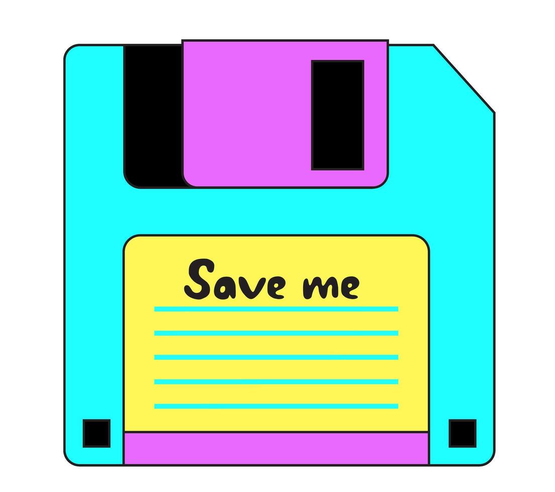 Retro diskette. Floppy disk illustration. Old fashioned storage item. For party flyer, poster, cover design. cartoon illustration, 90s retro style vector
