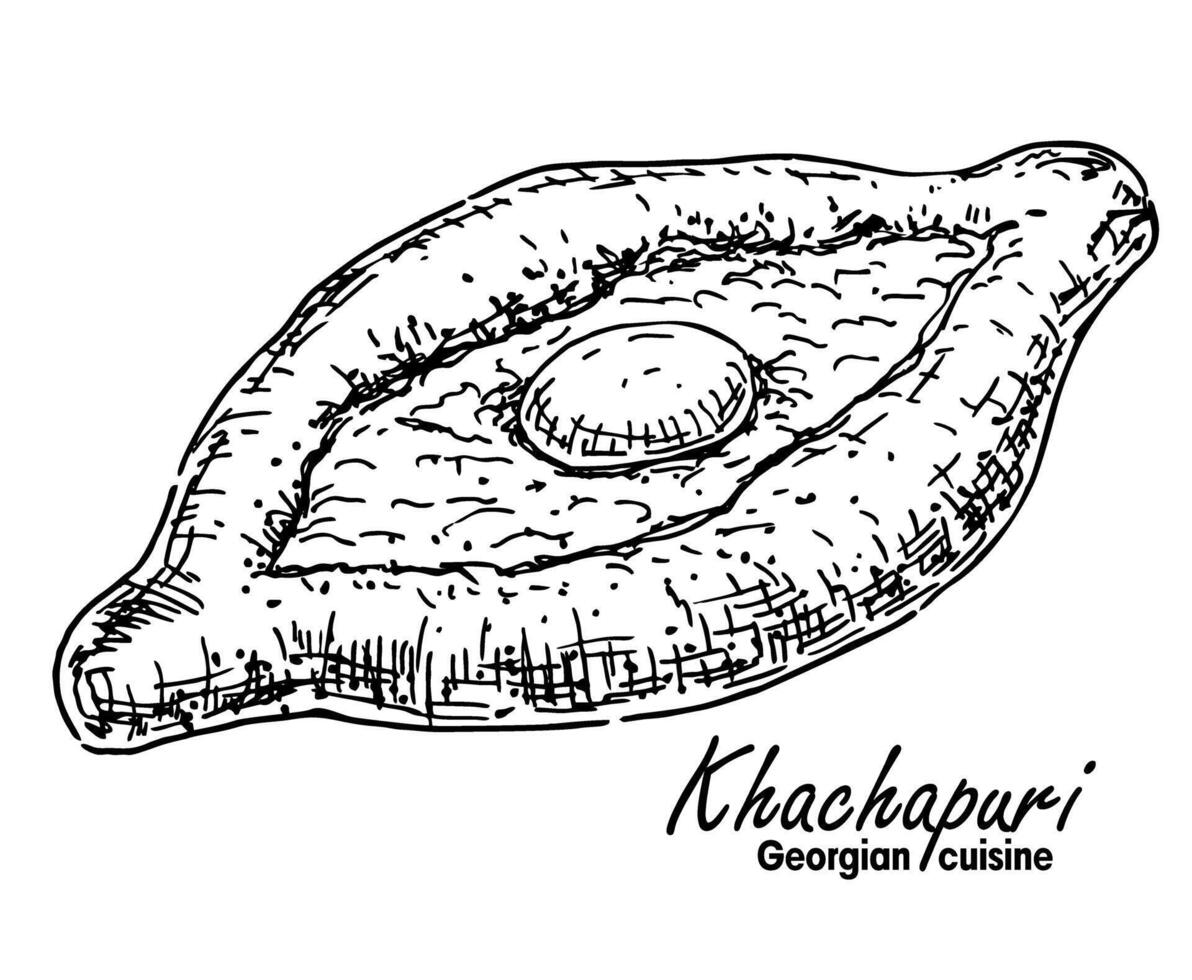 Khachapuri sketch. Adjarian khachapuri. Georgian cuisine, national dish khachapuri. Hot food, tortillas with seasoning. Hand drawn vector