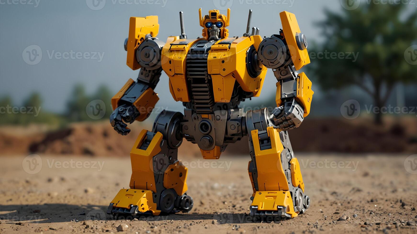 a yellow robot standing in the dirt photo