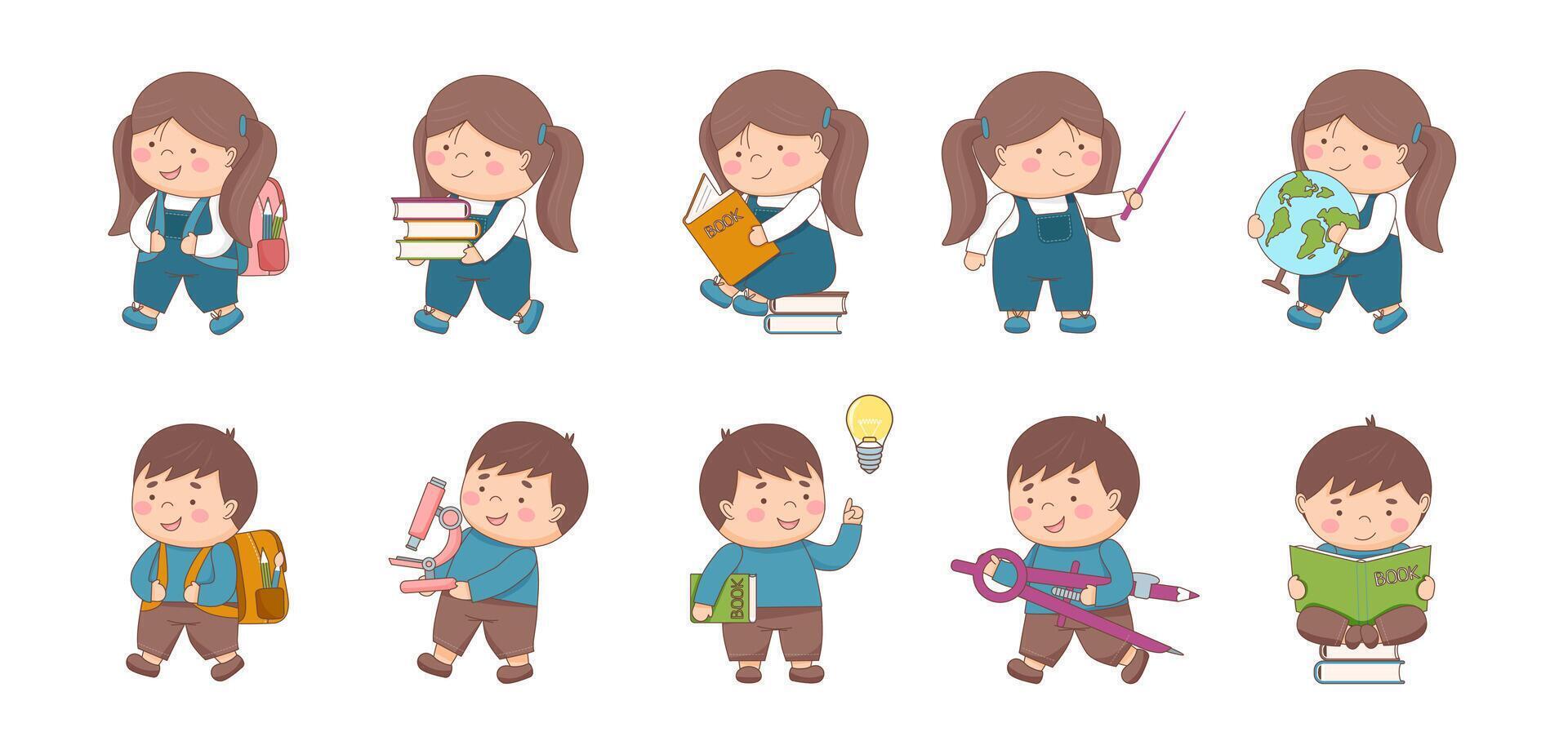 Childrens school collection. Childrens school characters. Set of school children with school elements isolated on white. Back to school concept. vector