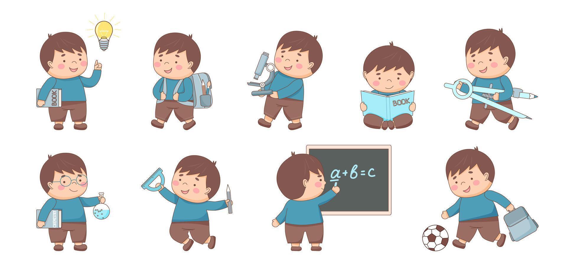 Childrens school. Set of schoolboys with school elements isolated on white. Back to school concept. Children supplies cute. vector