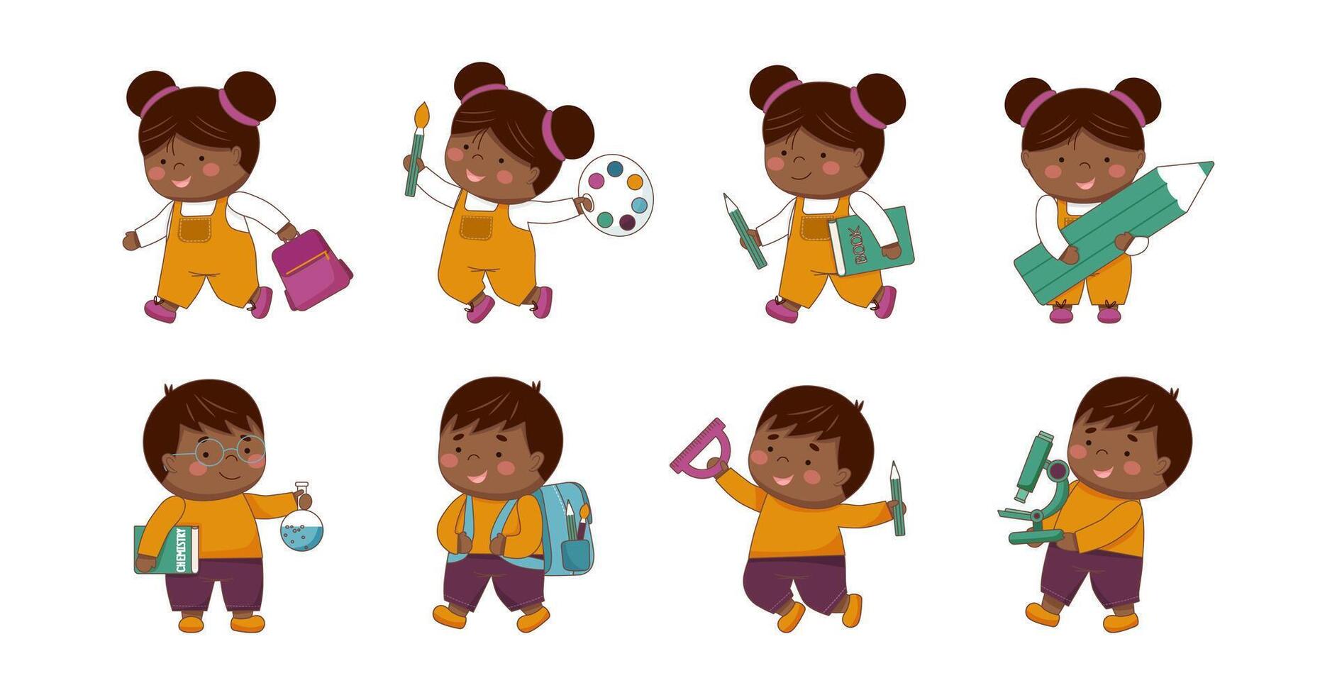 Childrens school collection. Childrens school characters. Set of black skin school children with school elements isolated on white. Back to school concept. vector