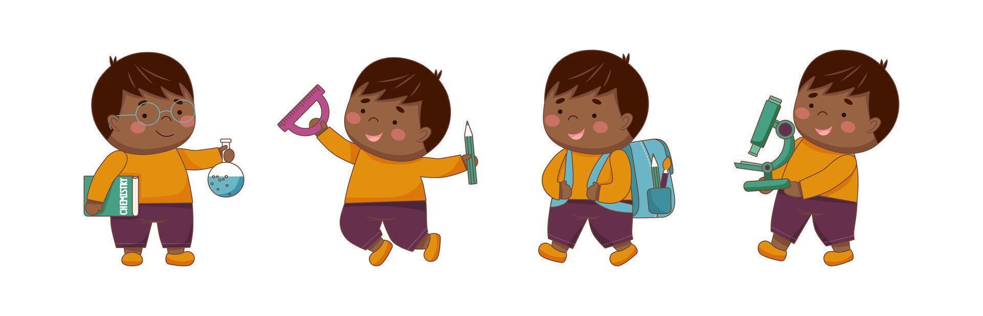 Childrens school collection. Set of black skin schoolboys with school elements isolated on white. Back to school concept. Children supplies cute. vector
