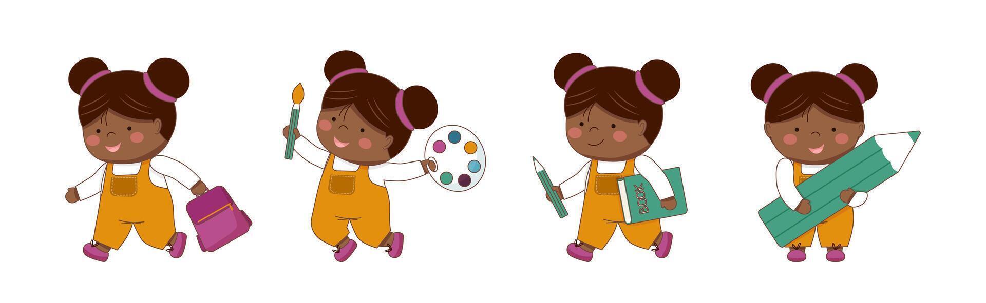 Childrens school collection. Set of black skin schoolgirls with school elements isolated on white. Back to school concept. Children supplies cute. vector