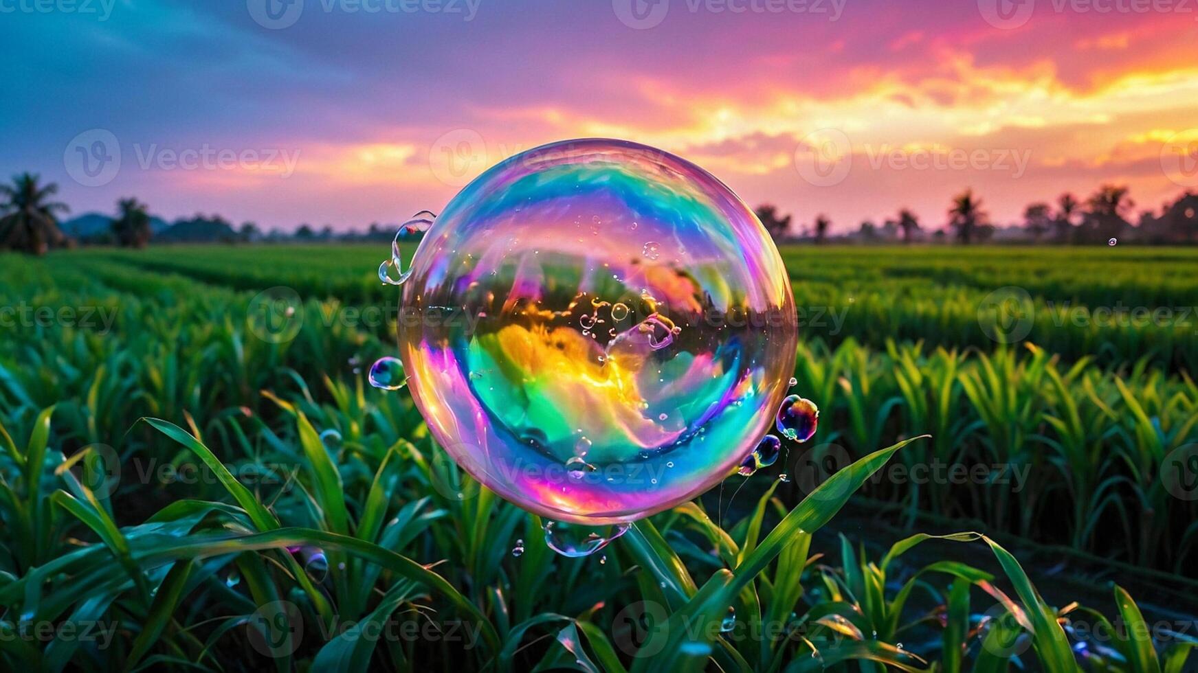 soap bubbles on leaves with mountains background. photo