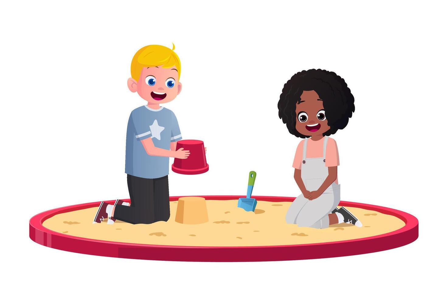 Happy Children playing in a Sandbox, Cute Little African-American Girl playing with Caucasian Boy Illustration vector