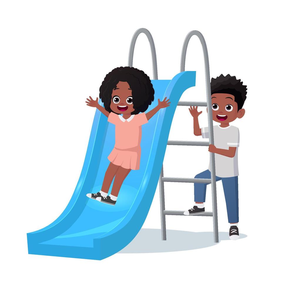 Happy Black Kids Playing on a Slide, Little Girl and Boy Having Fun Outdoors Premium Art vector