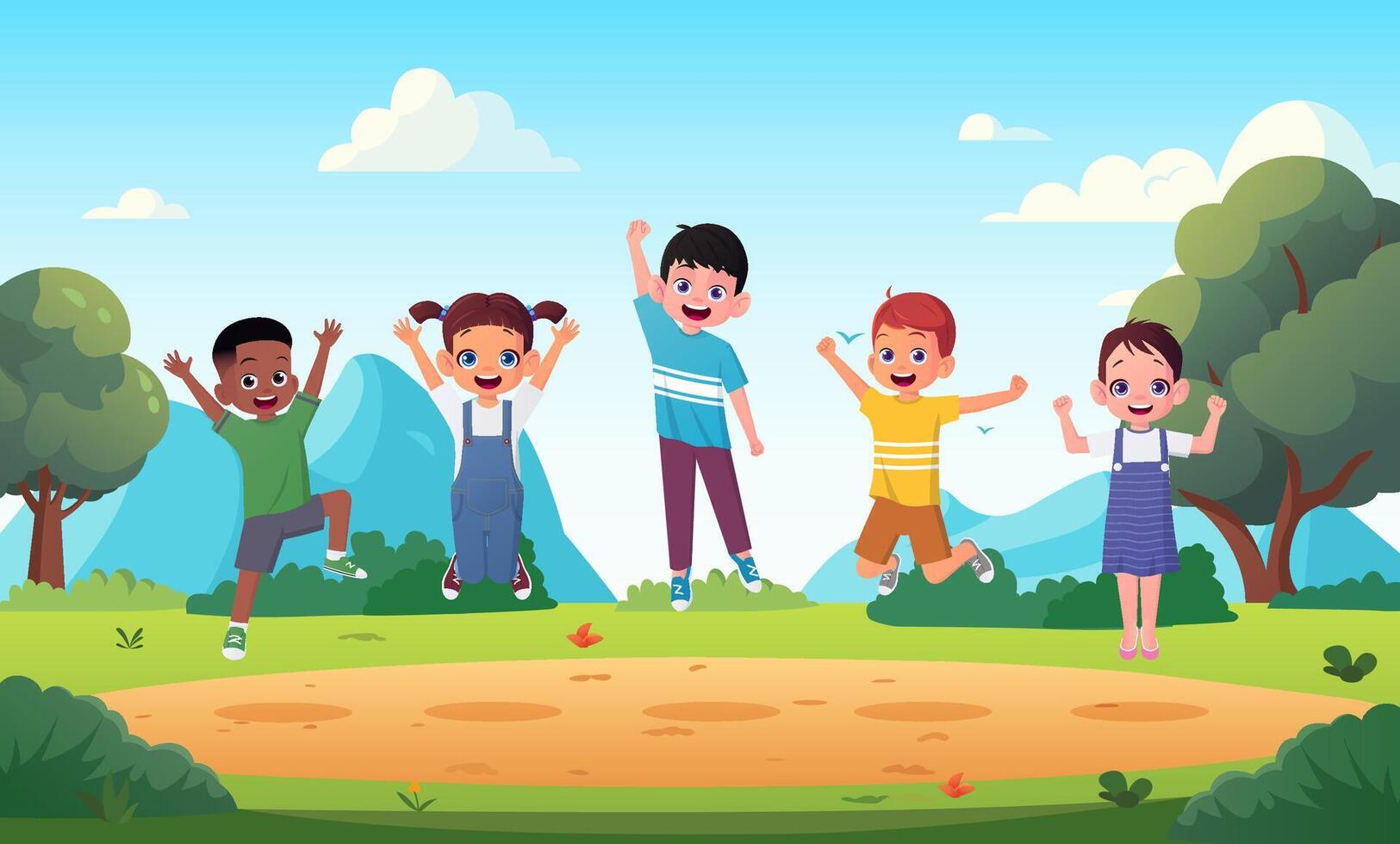 Happy Cartoon Kids Jump Together with Excitement Outdoors Illustration vector