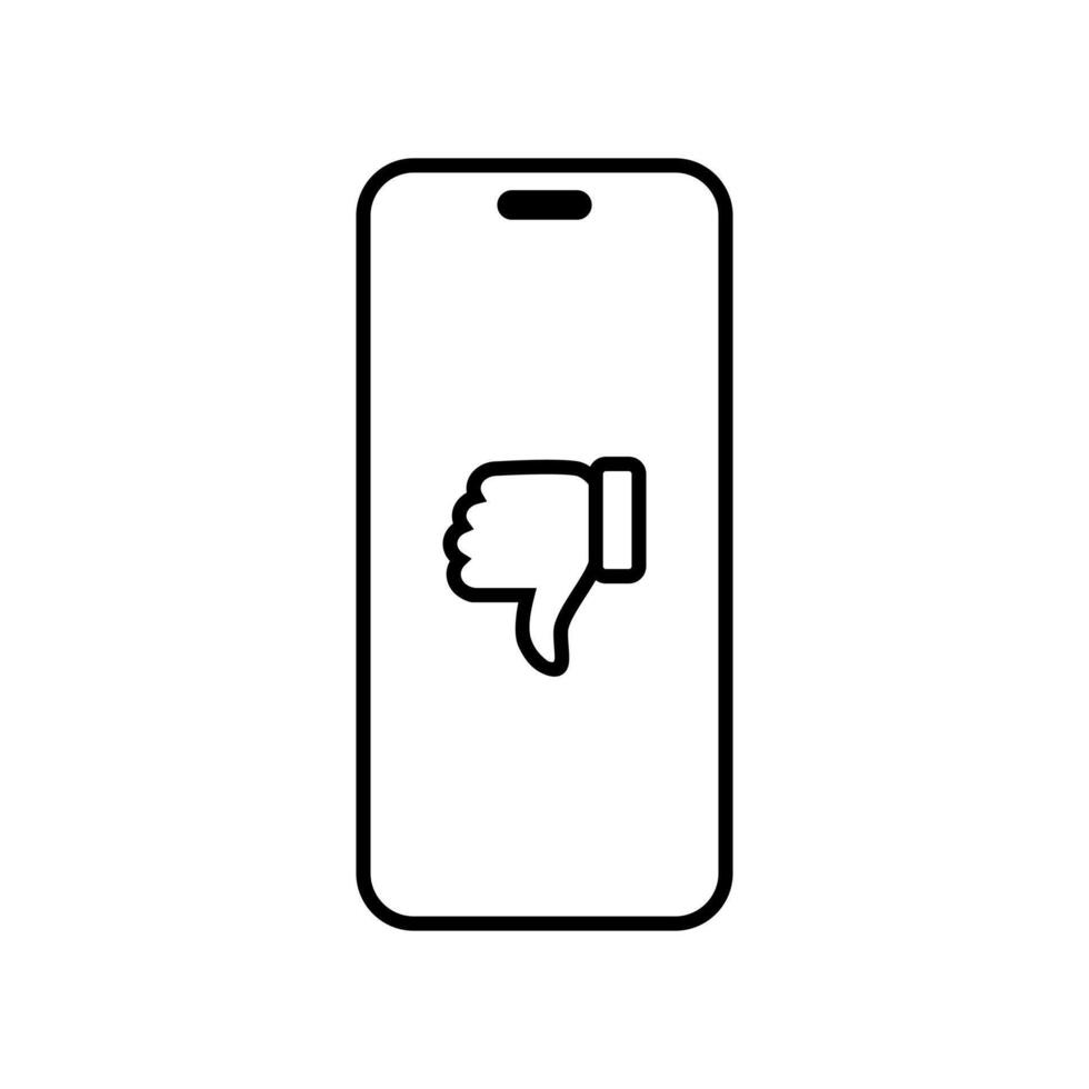 Hand thumb down icon on smartphone screen. Dislike finger on phone display concept vector