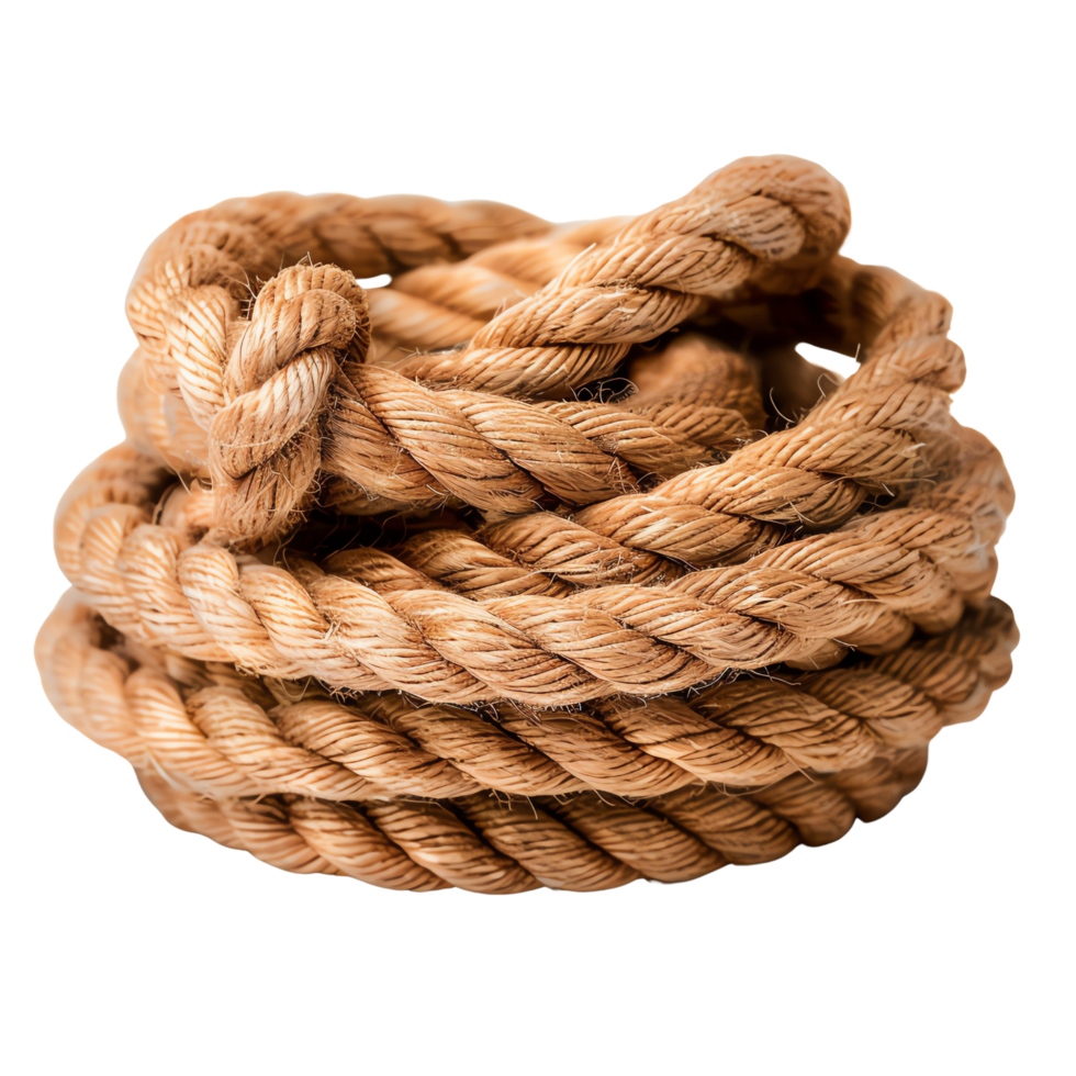 Coiled hemp rope neatly arranged, showcasing natural texture and durability for outdoor activities, crafting, and industrial use. png