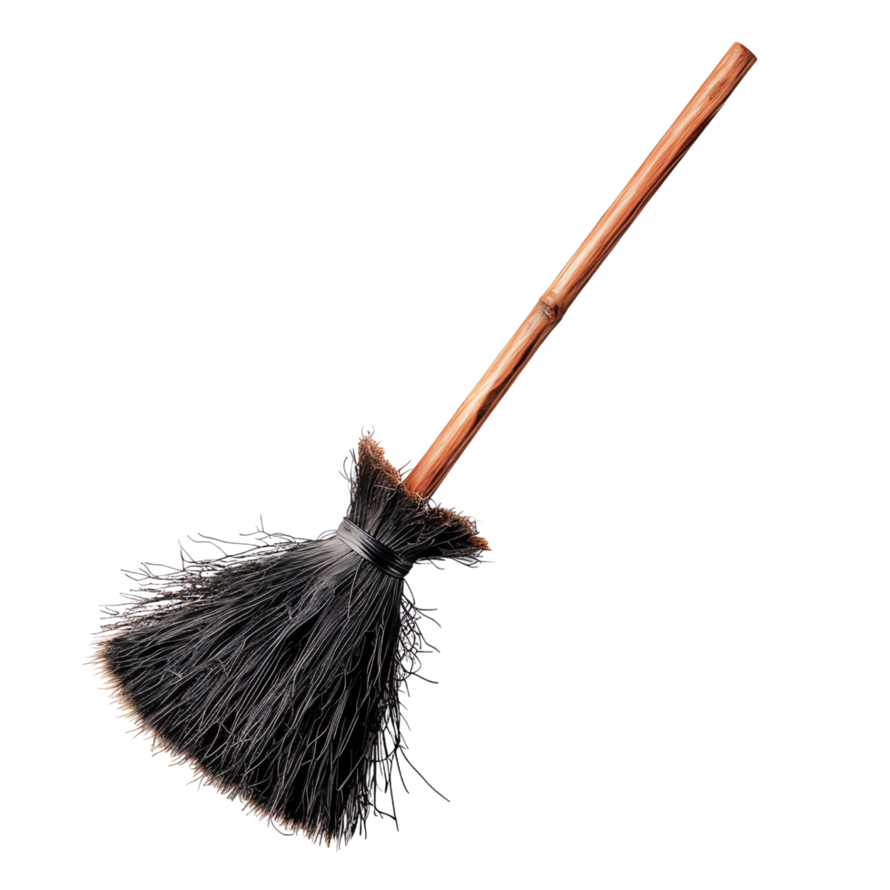 A small, handmade rustic broom made from dried twigs and a wooden handle, perfect for home or garden use. png