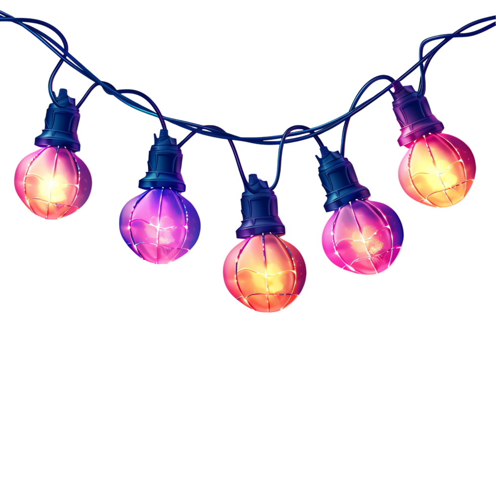 Brightly colored string lights glowing in the dark. Perfect for festive decorations, parties, or vibrant holiday displays. png