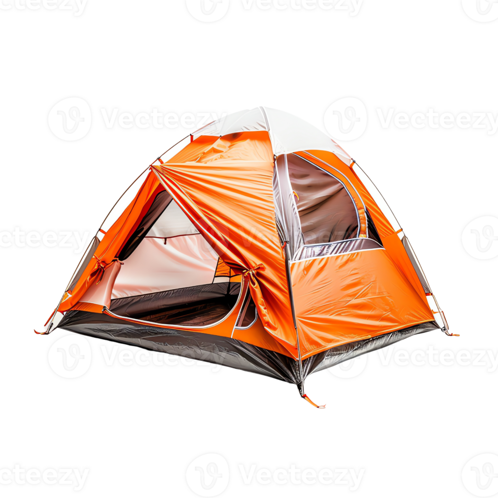 Bright orange camping tent with open flaps, showcasing the interior sleeping area. Suitable for outdoor adventures and wilderness exploring. png