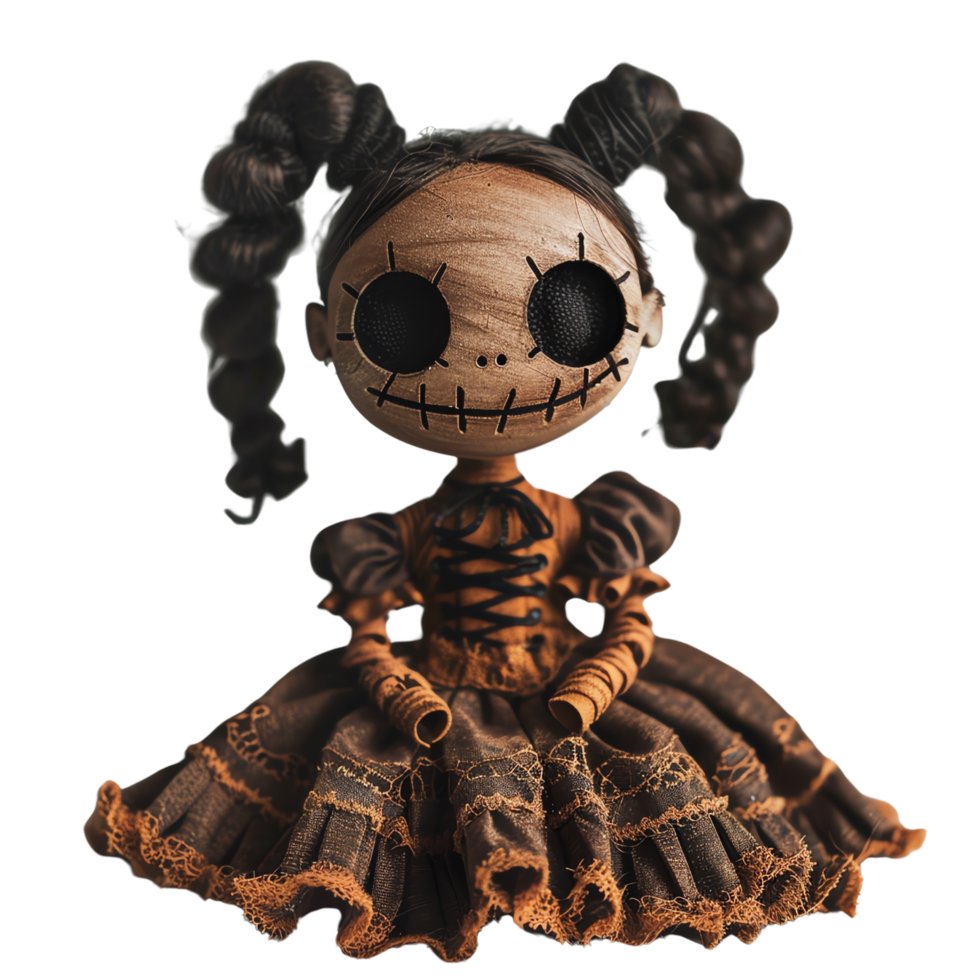 Creepy Halloween doll with a stitched face mask and dark gothic dress, creating a spooky and eerie atmosphere for festive decor. png