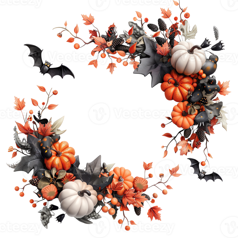 Festive Halloween wreath with pumpkins and dark flowers, perfect for holiday decoration and autumn-themed events. png