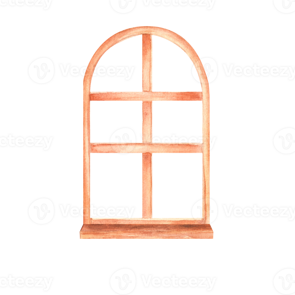 Closed window with natural wooden frame. Interior design clipart. Rustic window with light brown wooden frame. Hand-drawn watercolor illustration. png