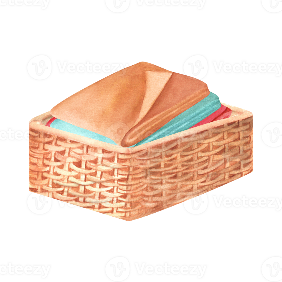 Square wicker basket with a stack of textile blankets, towels. Turquoise, orange and red. Hand-drawn watercolor illustration png