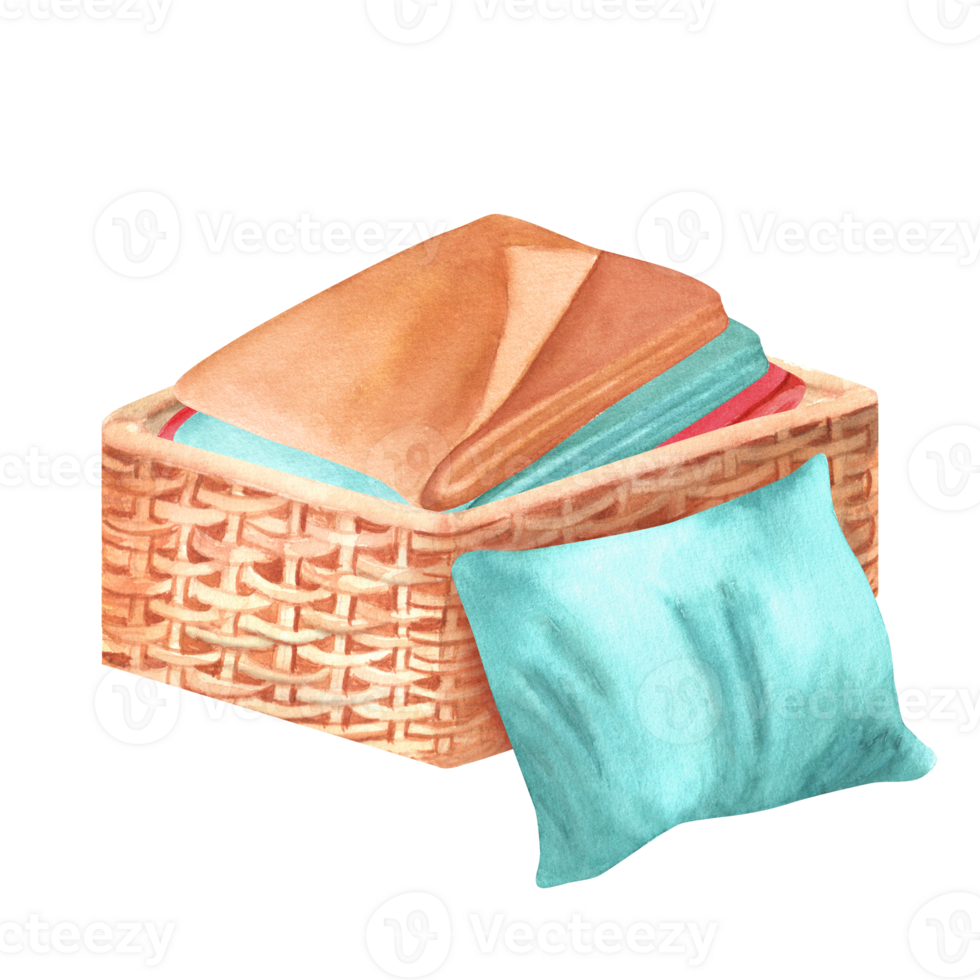 Square wicker basket with Turquoise, orange and red blankets, towels in a stack and turquoise pillow. Hand-drawn watercolor illustration png