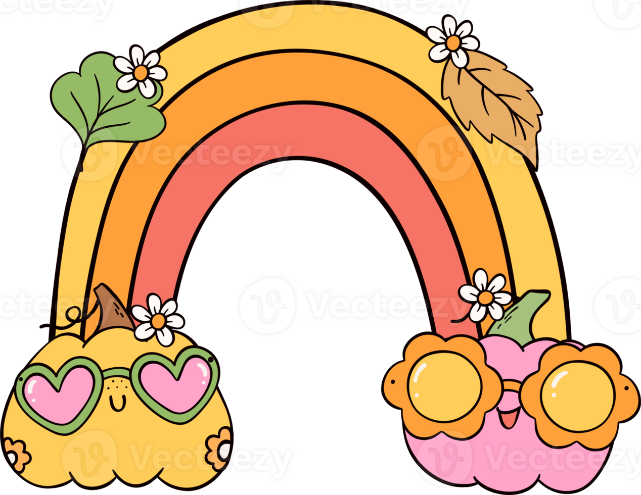 Groovy retro autumn rainbow hippie cartoon doodle playful and vibrant fall season illustration. png