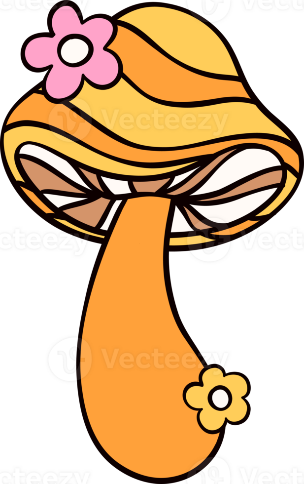 Groovy retro autumn mushroom hippie cartoon doodle playful and vibrant fall season illustration. png