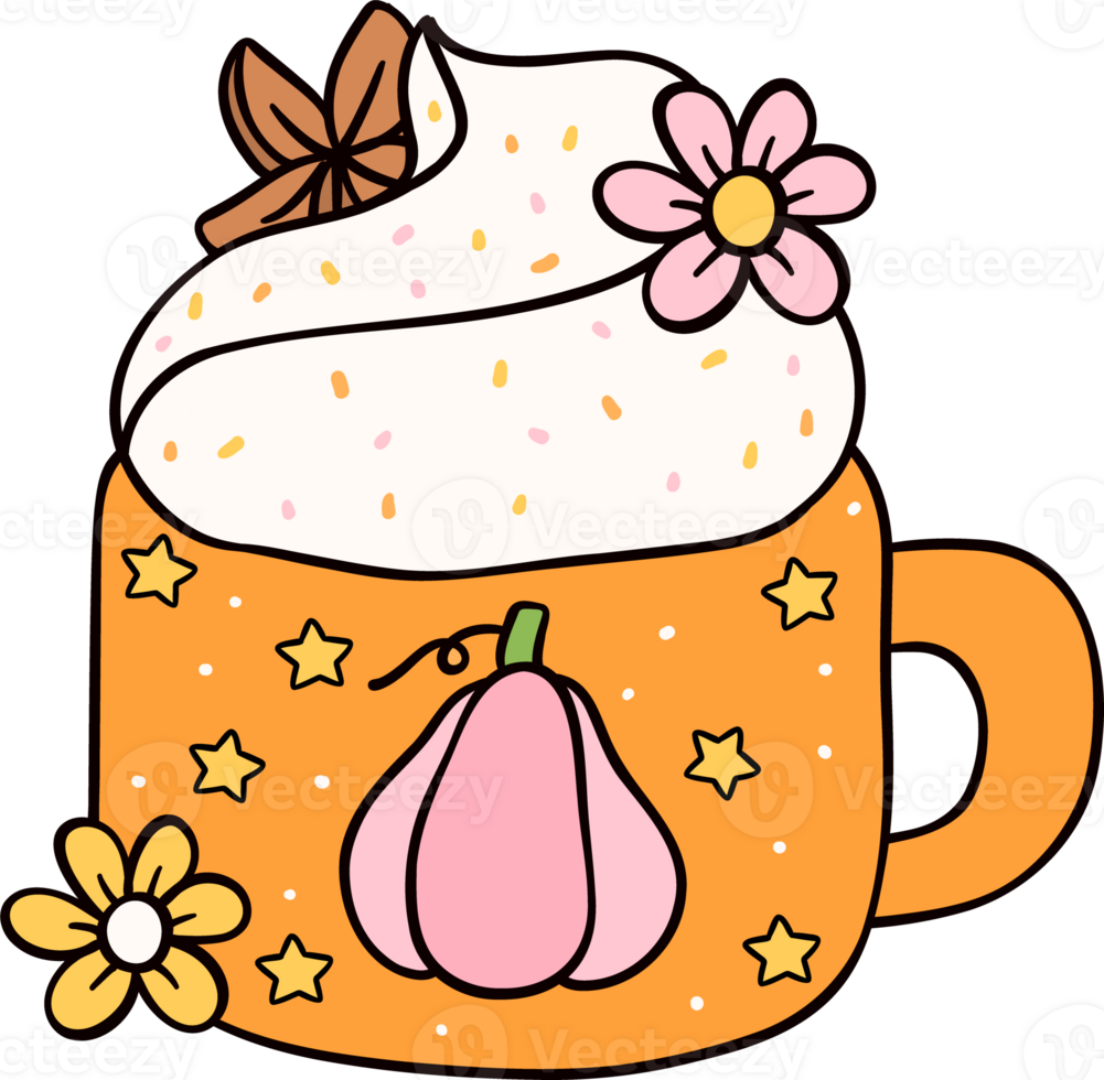 Spicy Pumpkin Drink Groovy retro autumn hippie fall cartoon doodle playful and vibrant illustration. png