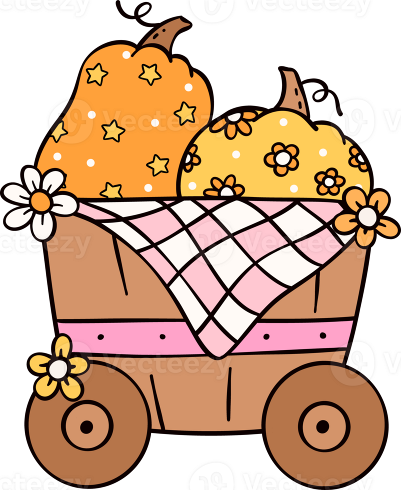 Groovy retro autumn harvest basket trolley hippie cartoon doodle playful and vibrant fall season illustration. png