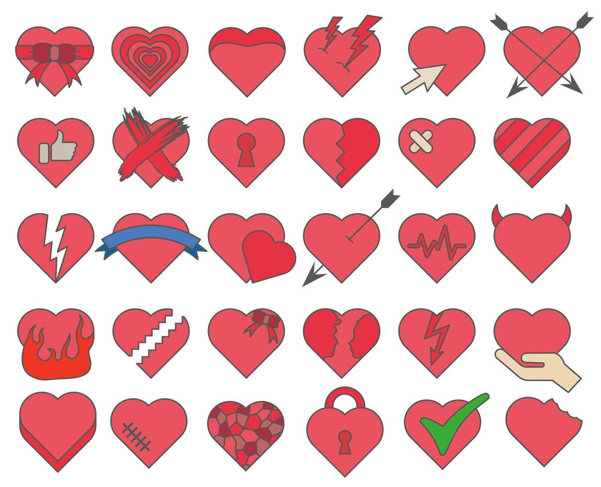 Red hearts with an outline. Heart with different patterns. Creative romantic symbols of different shapes isolated on white background. vector