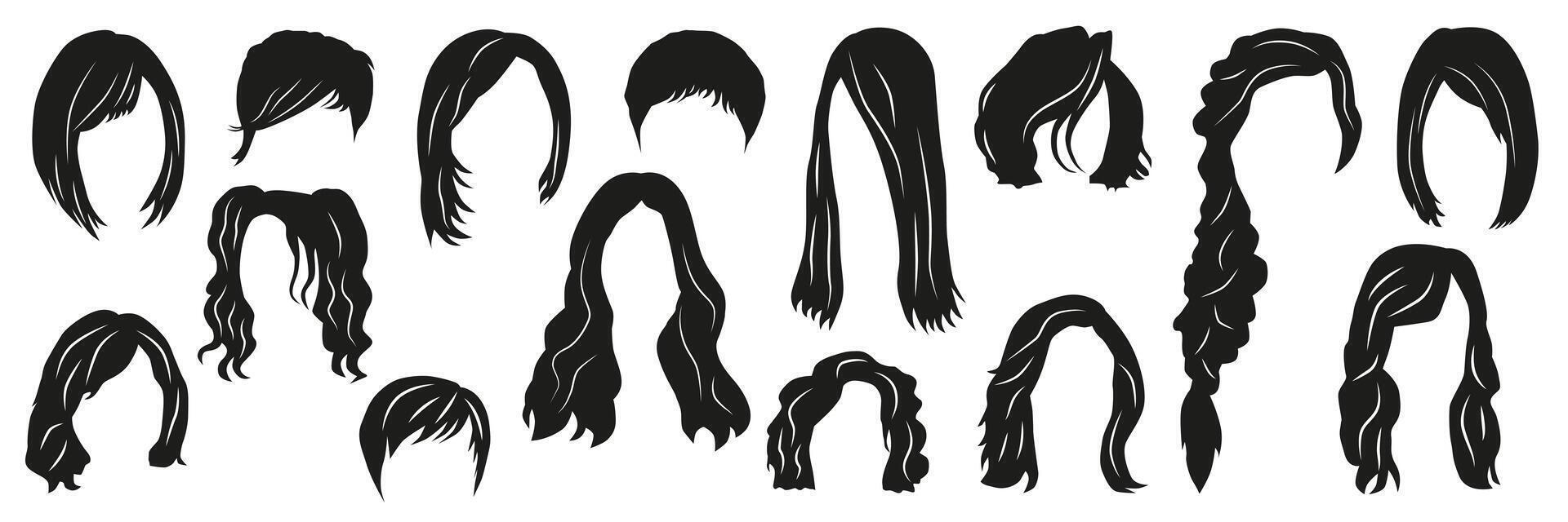 A collection of women's hairstyles of various forms. Wigs for creating different images. vector