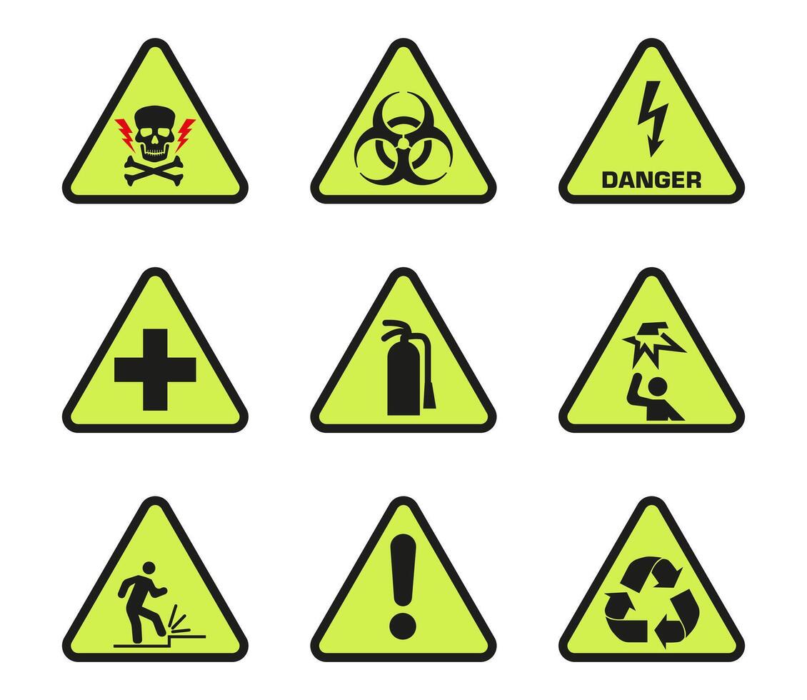 Warning sign sign. Set of triangular yellow warning signs. vector