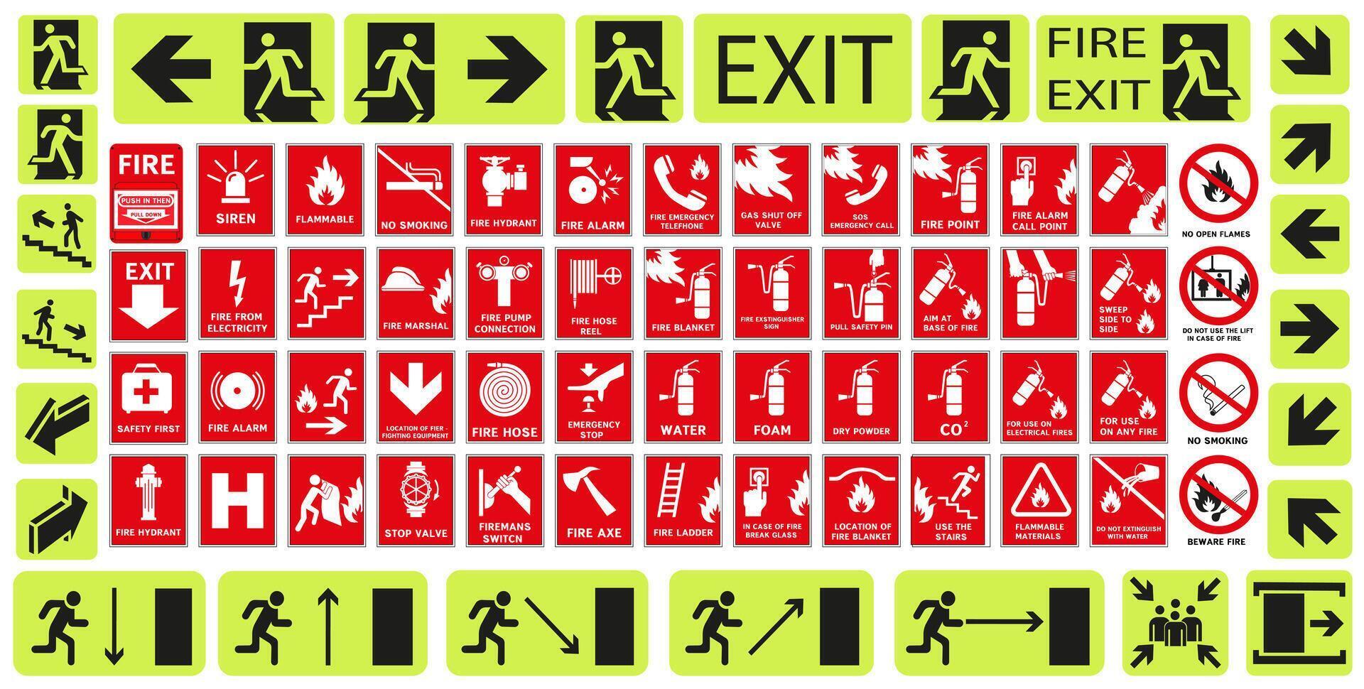 Commonly used signs in case of fire. Emergency exit and action in case of fire. vector