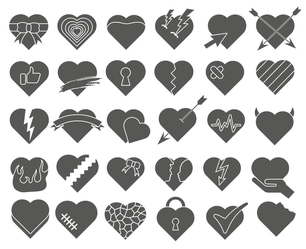 Heart with different patterns. Creative romantic symbols of different shapes isolated on white background. vector