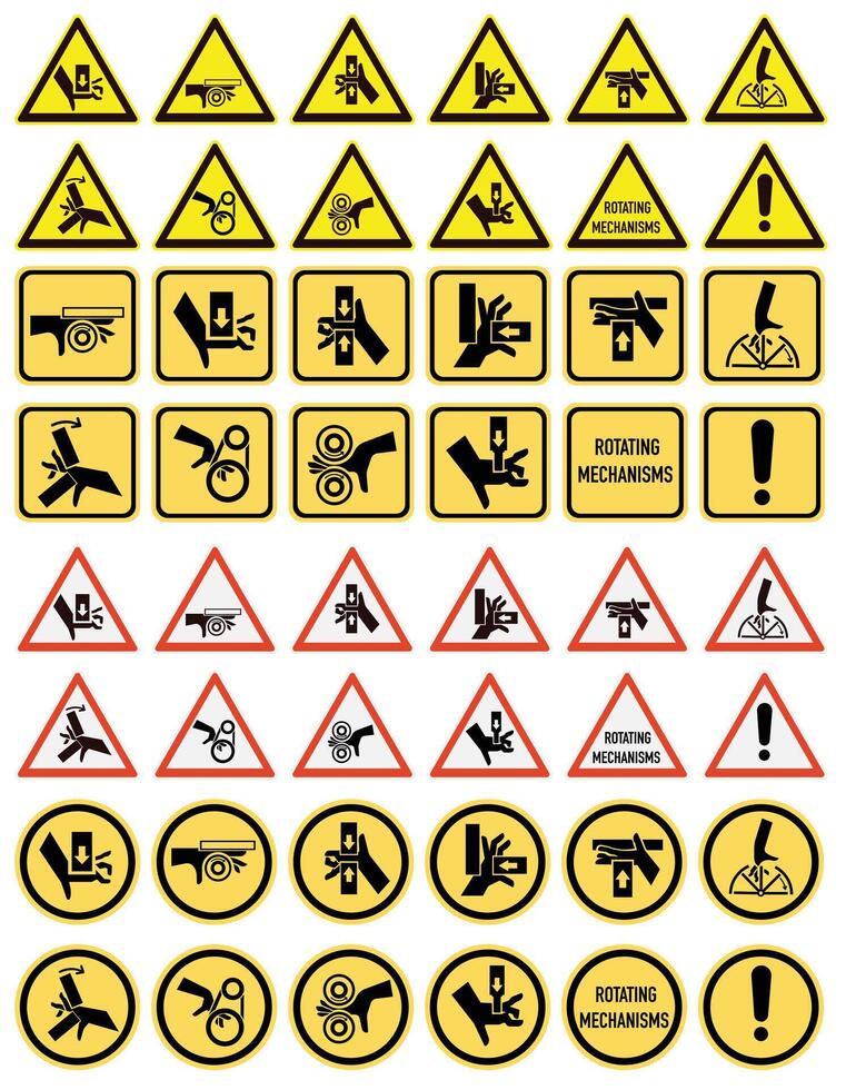 Set of ISO warning signs hand crushing force. Be attentive. Hand chewing. Hand mutilation. vector
