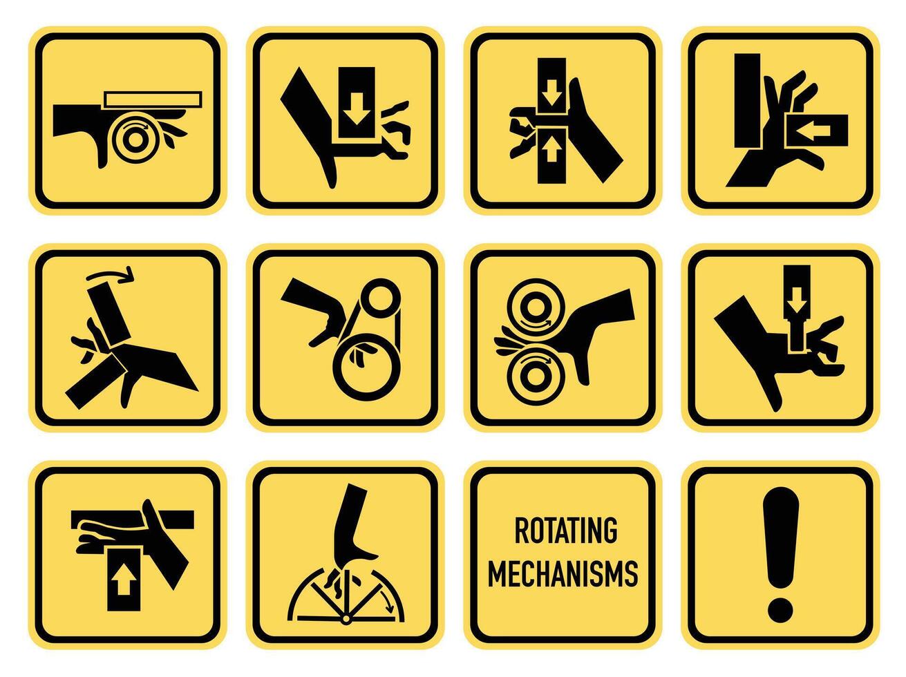 Set of ISO warning signs hand crushing force. Be attentive. Hand chewing. Hand mutilation. EPS 10. vector