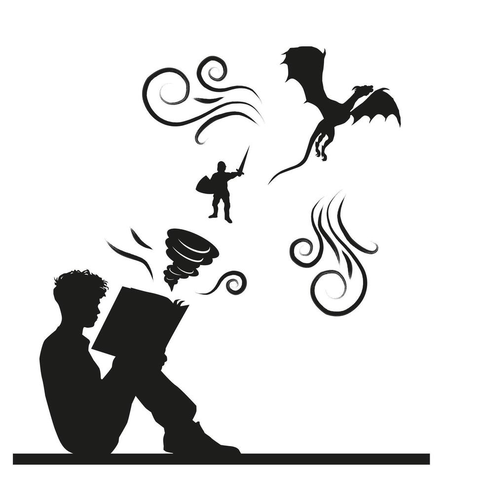 Silhouette of a boy reading books. Reading books. vector