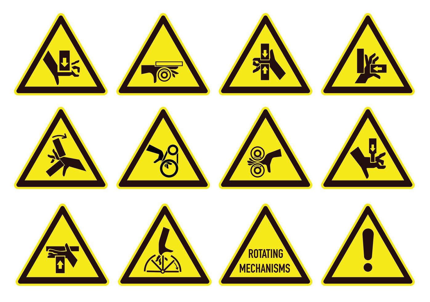 Set of ISO warning signs hand crushing force. Be attentive. Hand chewing. Hand mutilation. EPS 10. vector