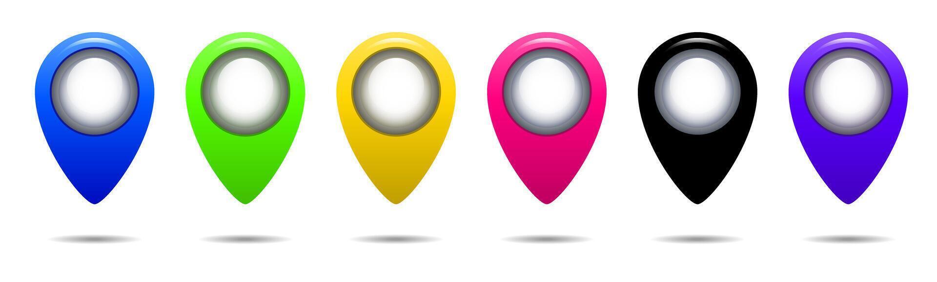 Multicolored sign of the location of the mark on the map. Pointer navigation symbol. Set of marker points on the map, icon location. vector