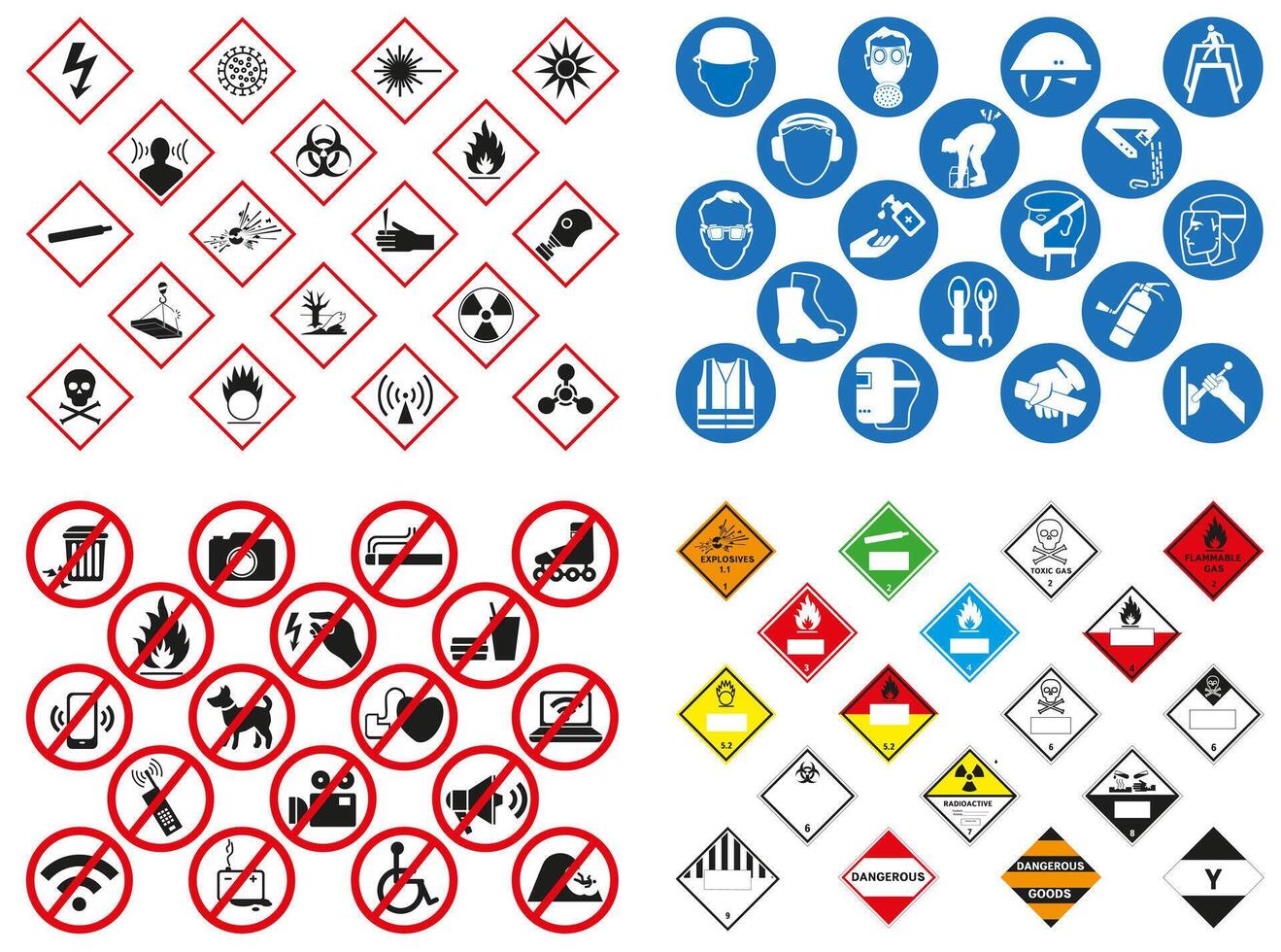 Different signs are collected in one set. Signs in industry. Signs of help and protection. vector