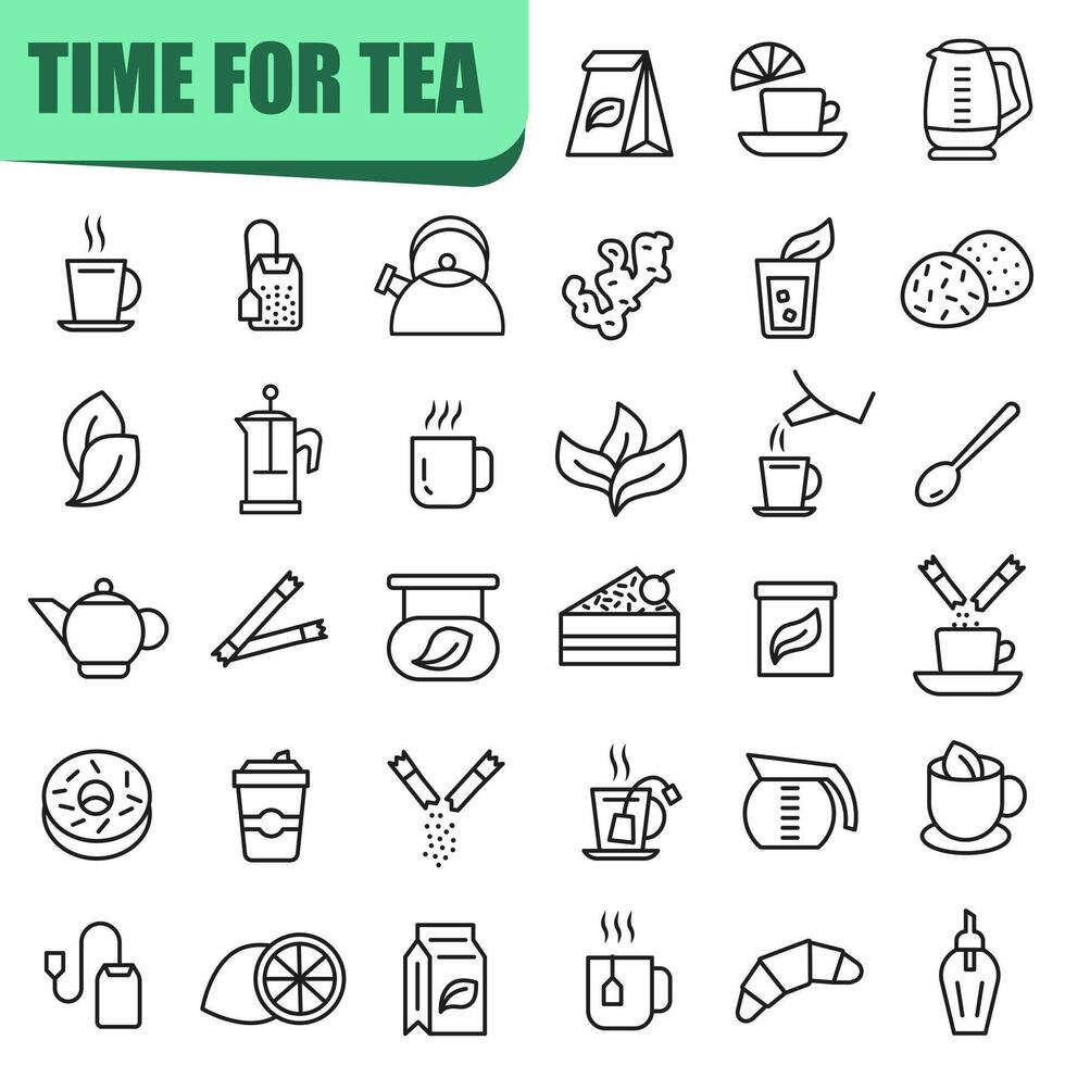 Time for tea icons. Set of thin line icons. Everything for tea. vector