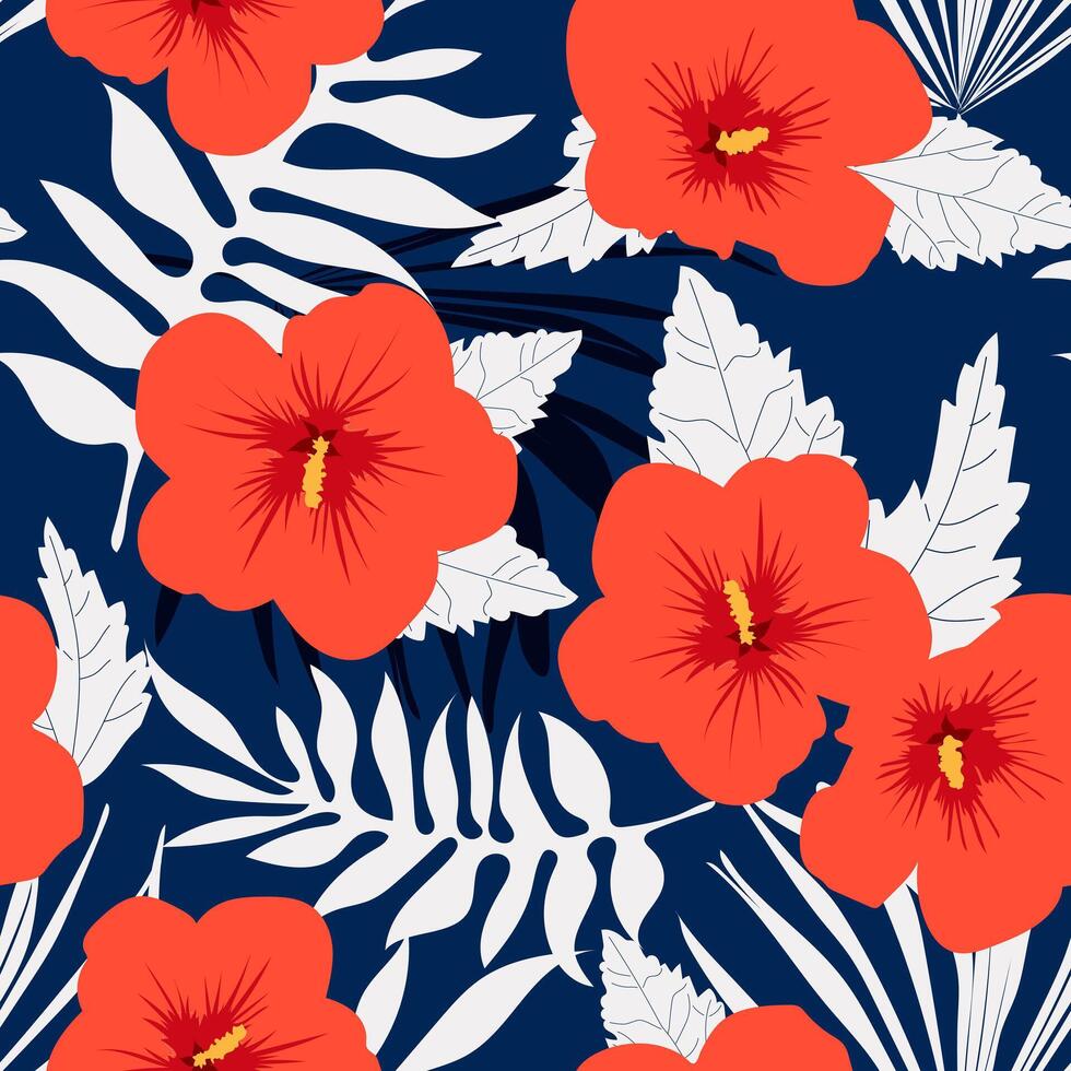 Red hibiscus with palm leaves forms a seamless pattern with dark blue background for textile. vector