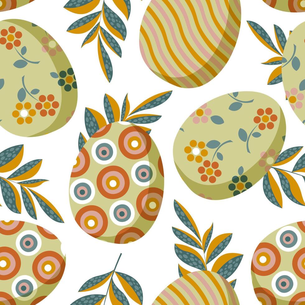 Painted Easter eggs and spring twigs and leaves form a seamless pattern for textiles, wrapping paper. vector