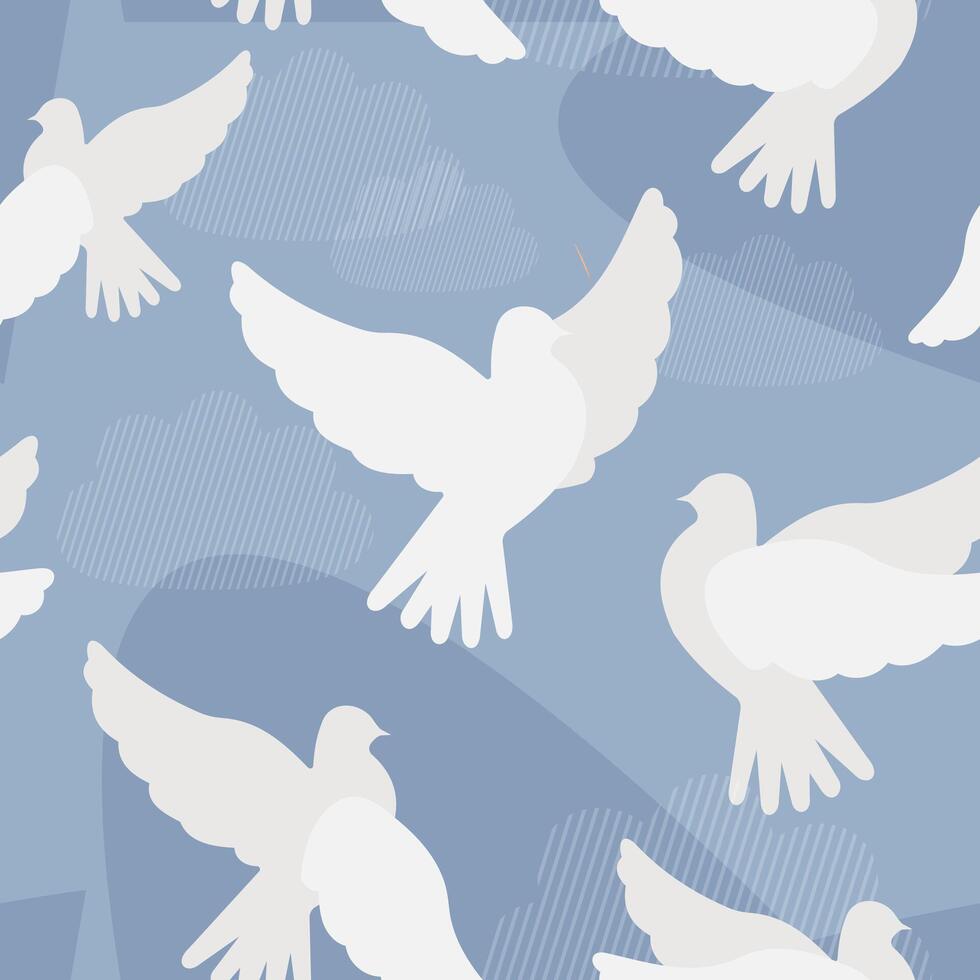 Peaceful white doves against the background of a clear blue sky with clouds form a seamless pattern. vector