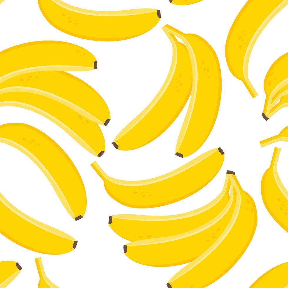Tropical fruits yellow bananas are chaotically scattered on a white background, forming a seamless pattern. vector