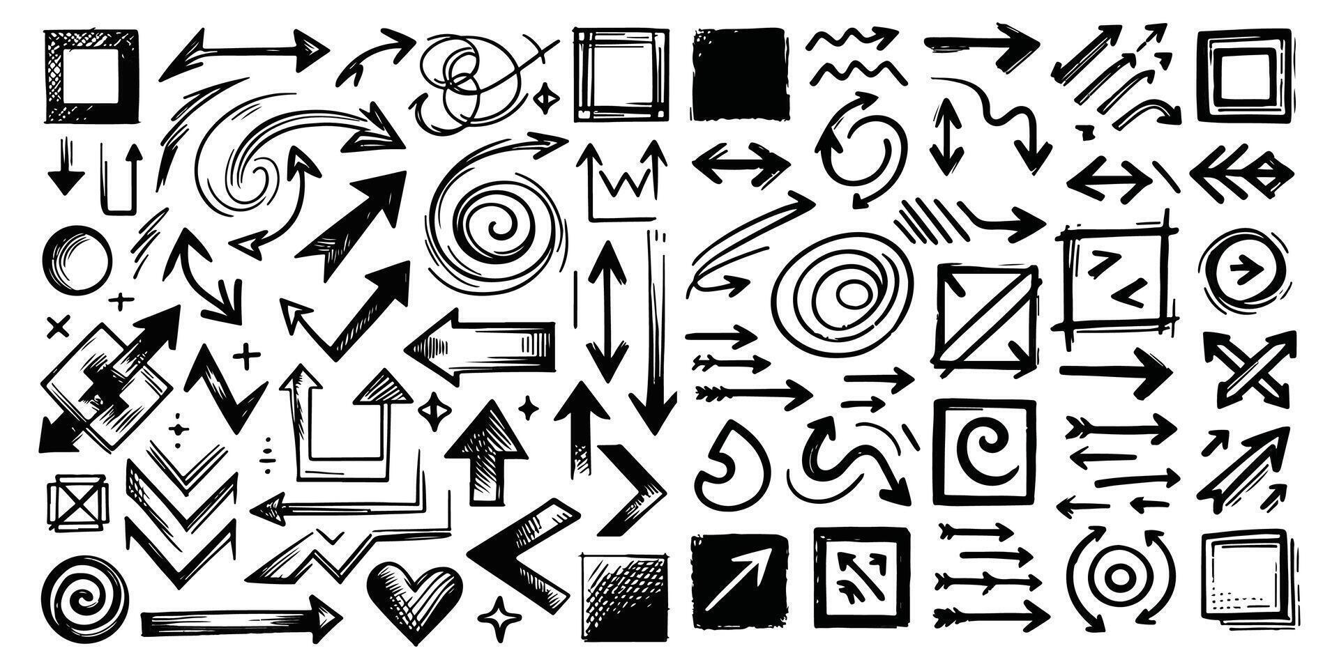 Arrow line hand drawn brush set. Grunge square, spiral, arrow element scribble line brush hand drawn sketch design. Grunge abstract chalk style. illustration white background. vector