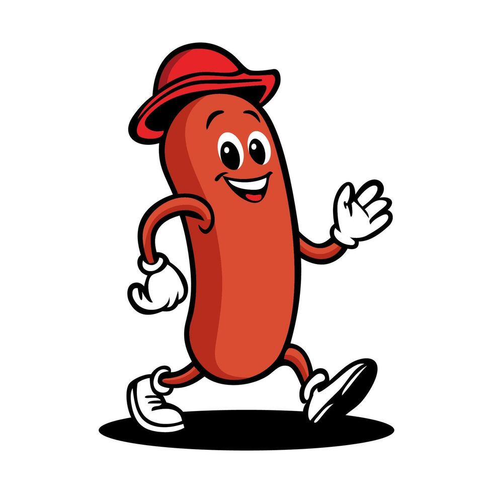 illustration of a sausage mascot wearing a hat and walking while smiling vector
