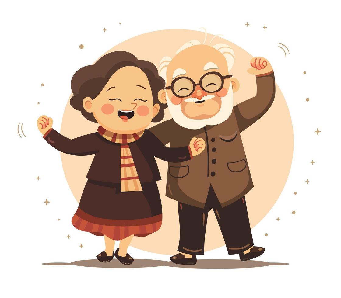 Smiling senior man and woman dancing together. Funny cartoon flat illustration vector