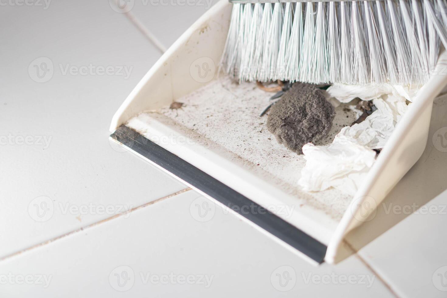 Dustpan with broom and dirt on tiled floor photo